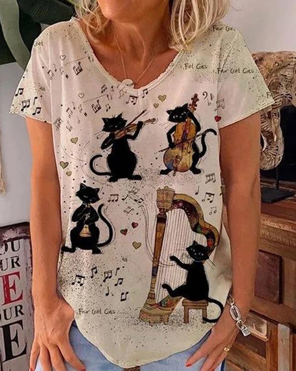 Animal Print Casual Short Sleeve V Neck T-shirt