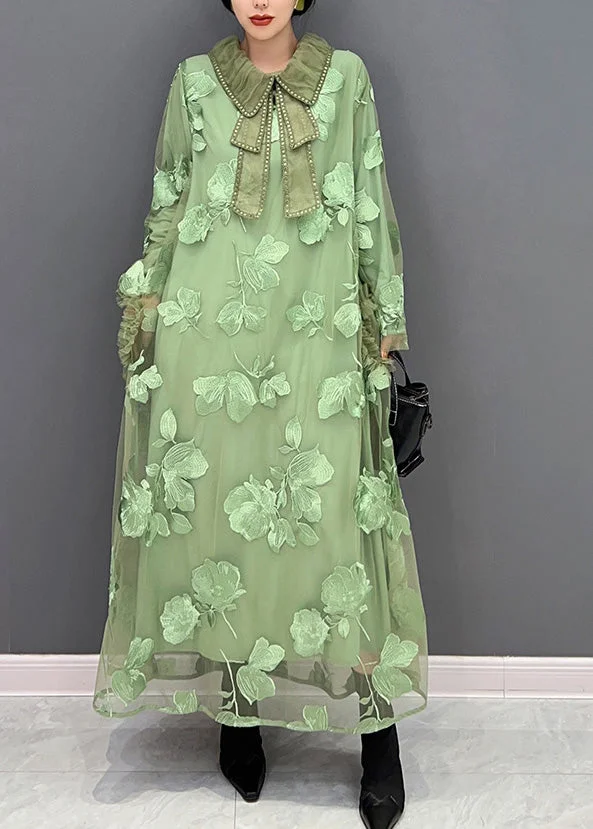 Women Green Peter Pan Collar Embroideried Patchwork Tulle Long Dresses Long Sleeve