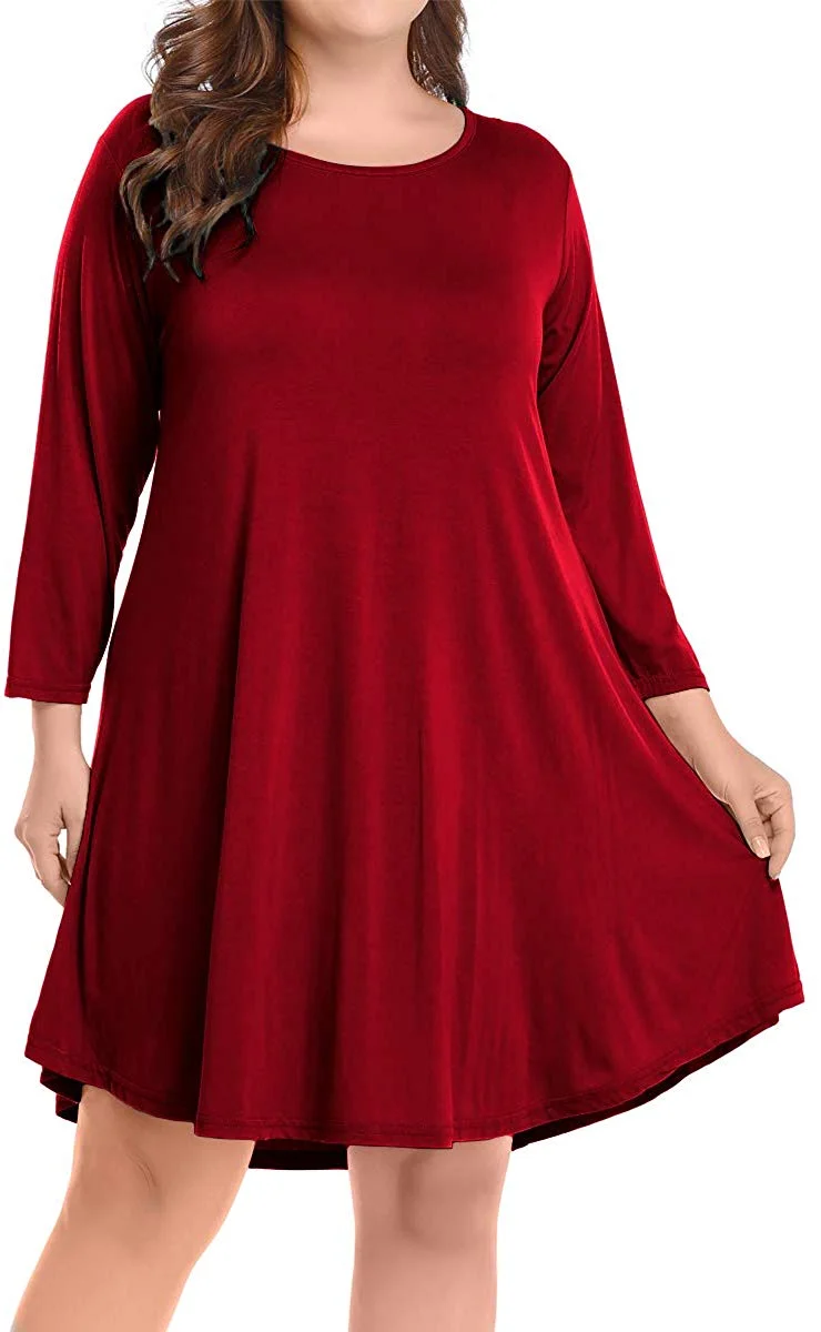 Women's Casual Flare Plain Simple 3/4 Sleeve T-Shirt Loose Dress