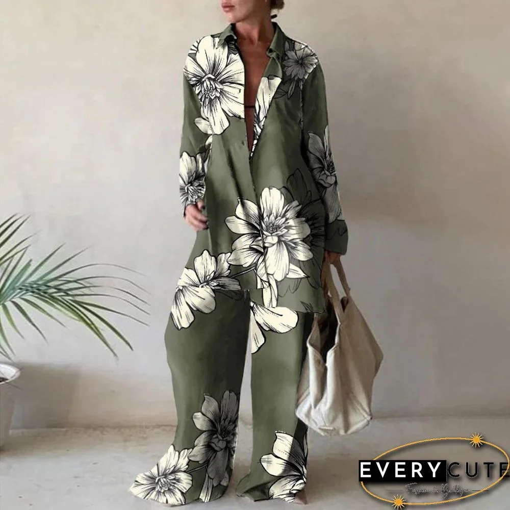 Summer Fashion Printed Loose Long Sleeves Shirts Straight Pants Two Piece Suits New Streetwear Women's Winter Elegant Commuting