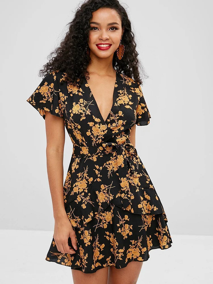 VINTAGE FLORAL PRINT V NECK RUFFLES MINI DRESS V142