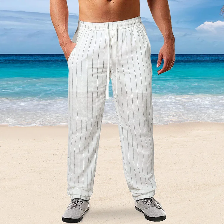 Men's Casual Drawstring Slant Pocket Linen Striped Pants