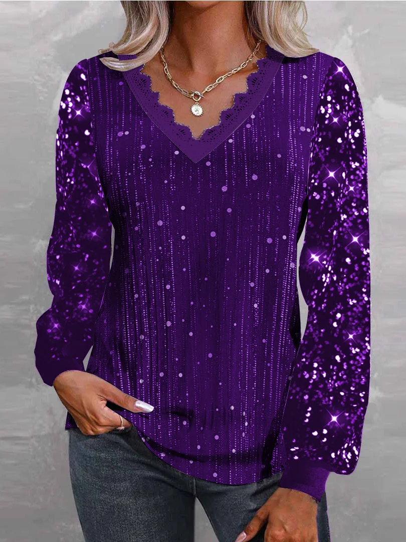 Purple - Women Long Sleeve V-neck Polka Dot Printed Lace Sequins Tops