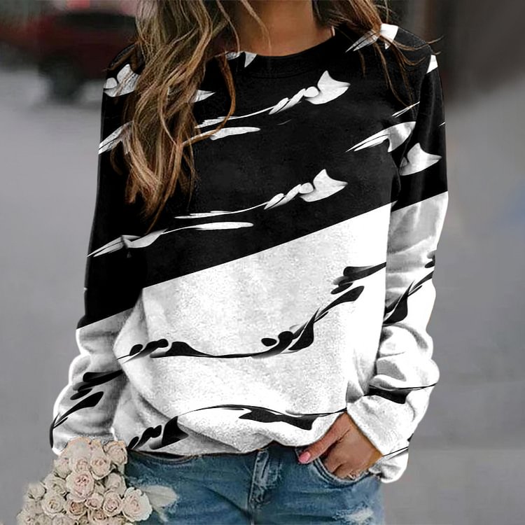Vefave Casual Colorblock Print Crew Neck Sweatshirt
