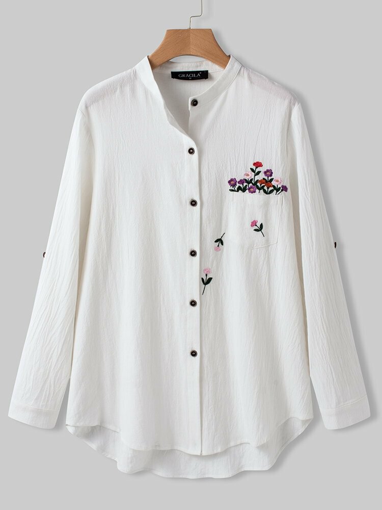 Floral Embroidery Long Sleeve Stand Collar Asymmetrical Blouse For Women P1726748