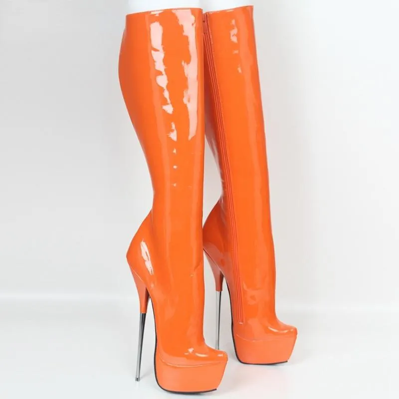 21cm High Heel Ballet Boots Orange Leather Knee High Shoes Metal Heels Boots