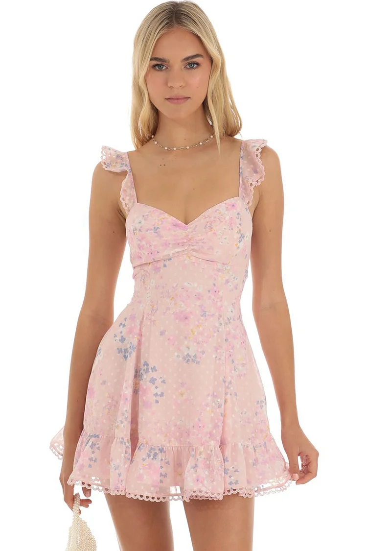 Ruffle Sleeveless Floral A-Line Lace-Up Back Mini Dresses-Pink [Pre Order]