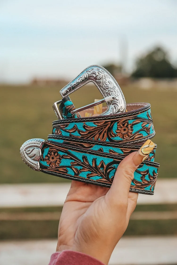 Genuine Hand Tooled Leather Turquoise Painted Cowgirl Western Belt and Buckle