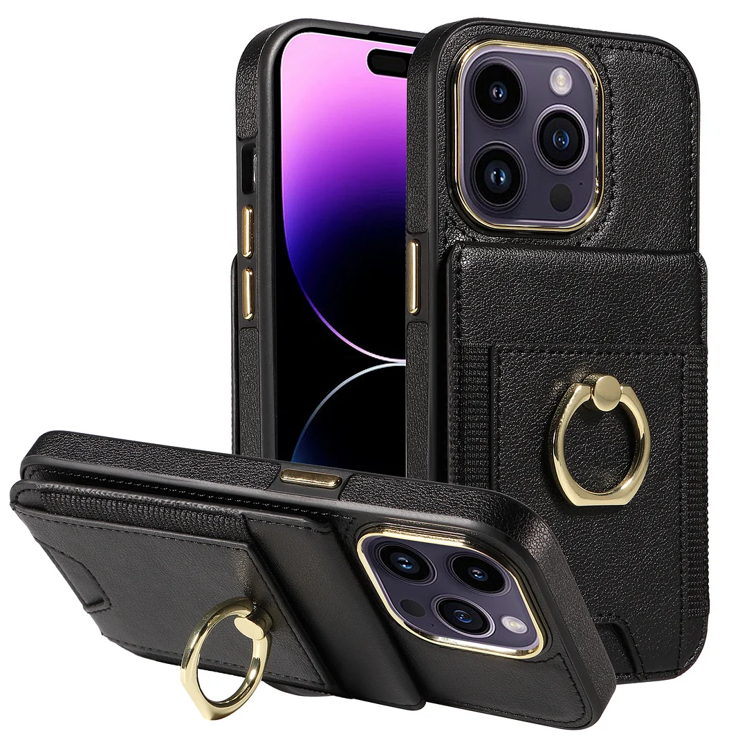 Leather Phone Case With Elastic 5 Cards Slot,Rotating Ring,Kickstand,Pin Slot And IC Card Slots And Metal Lens Frame For IPhone 14/14 Pro/14 Pro Max/14 Plus/13/13 Pro/13 Pro Max/15/15 Plus/15 Pro/15 Pro Max