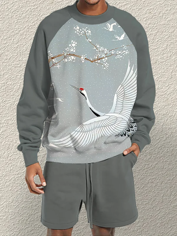 Men's Crane Graphic Plum Blossom Print Raglan Sleeve Sweatshirt