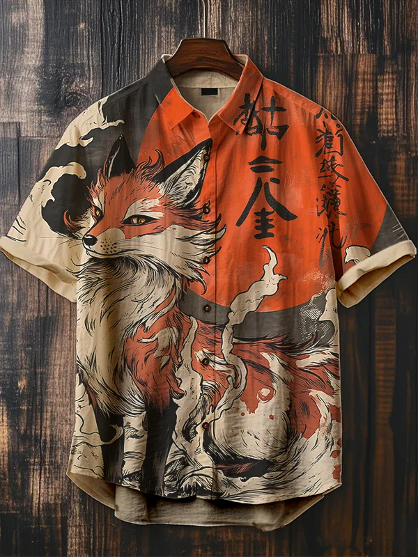Men's Fox Japanese Art Print Short Sleeve Shirt