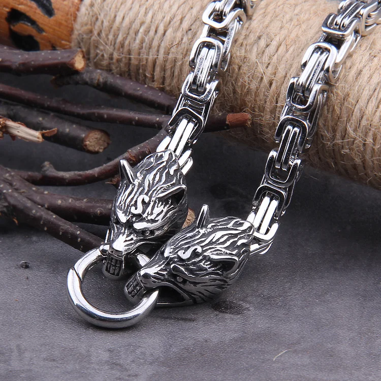 Viking Wolf Head Square Chain Necklace