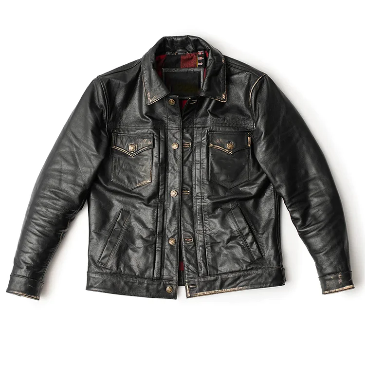 TIMSMEN Men's Vintage Handmade Distressed Cow Leather Single-Breasted Jacket