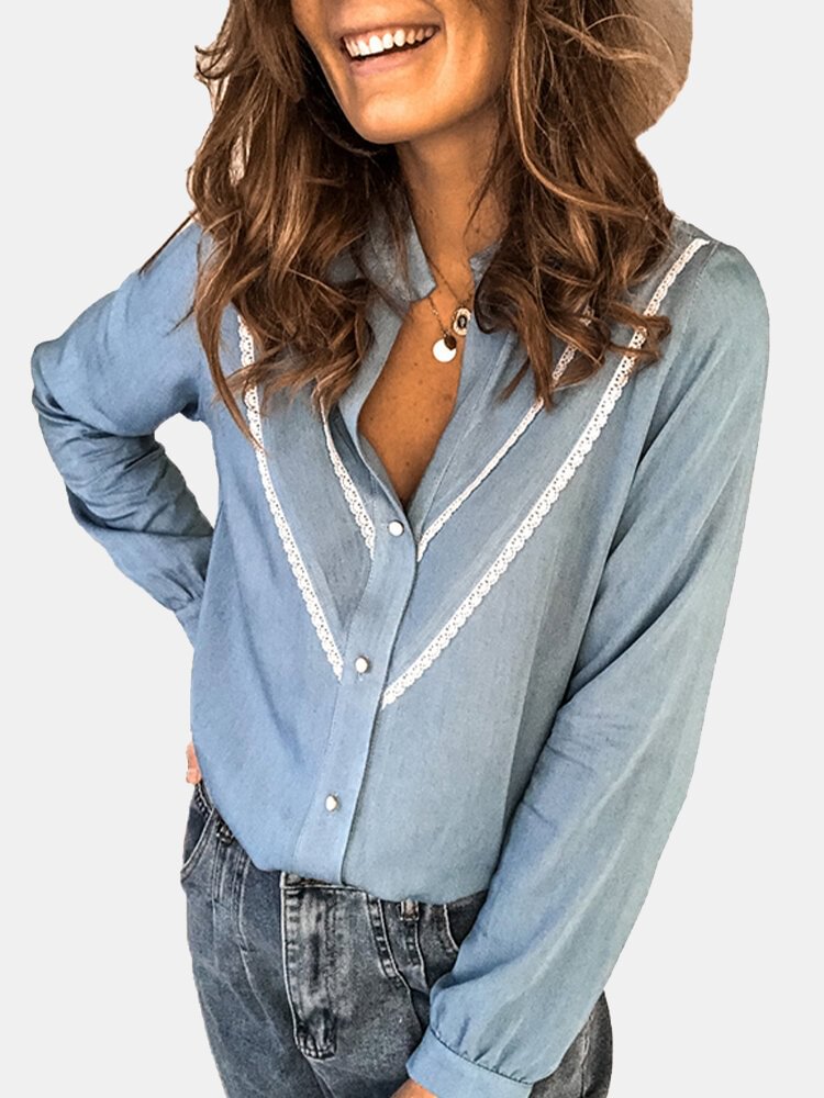 Lace Patchwork Long Sleeve Stand Collar Blouse For Women P1720478