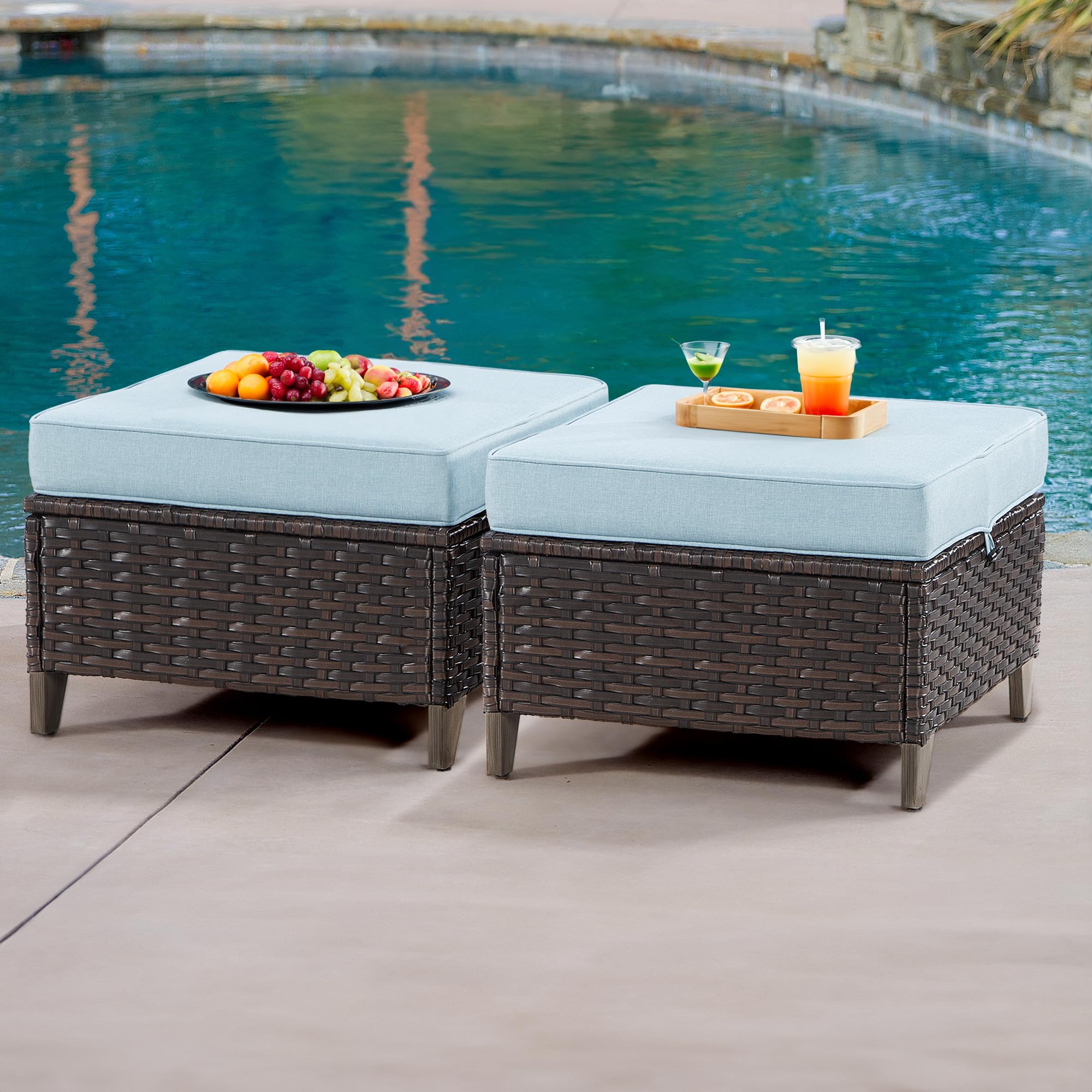 Joyside Outdoor Rattan Footstool Brown Baby Blue