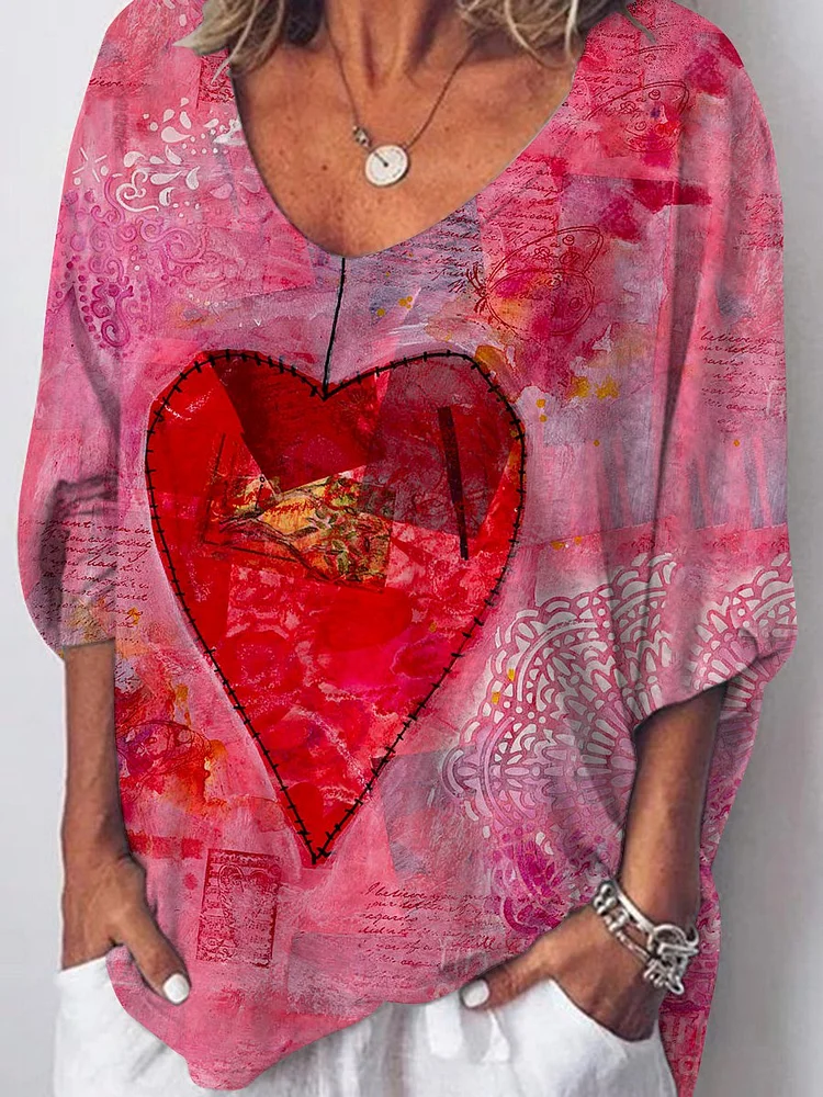 Bestdealfriday Valentine's Day Red Heart Shaped Graffiti Graphic Tee