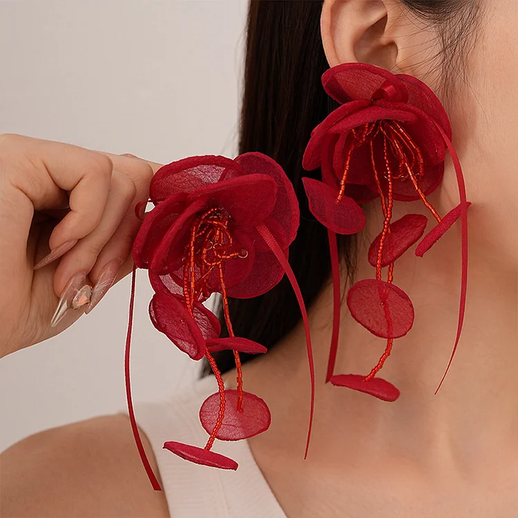Hand-woven rose earrings