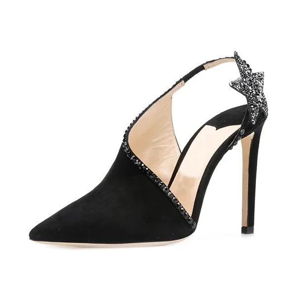 Black Rhinestone Star Slingback Heels Pointed Toe D'Orsay Pumps |FSJ Shoes