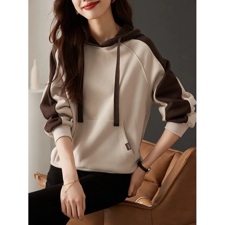 Simple drawstring style contrasting color fashion sweatshirt