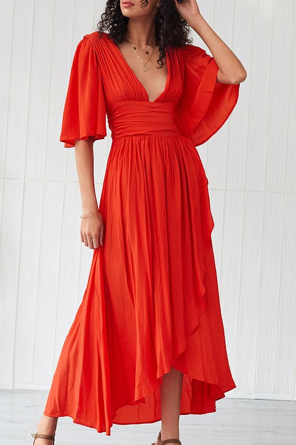 Plain V-neck Shirred Long Dress - BlackFridayBuys