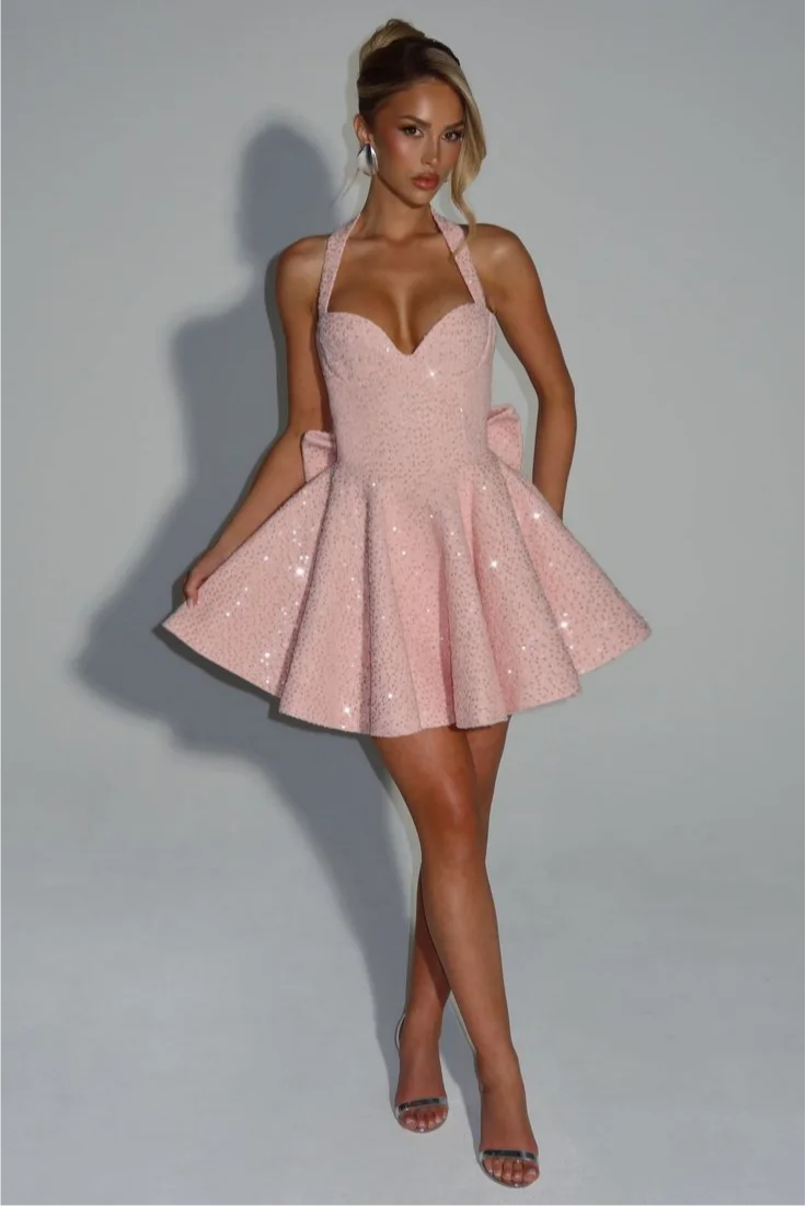 Lussooy Whimsical Sleeveless Candy Pink Satin Halter Mini Prom Dress with Sequins