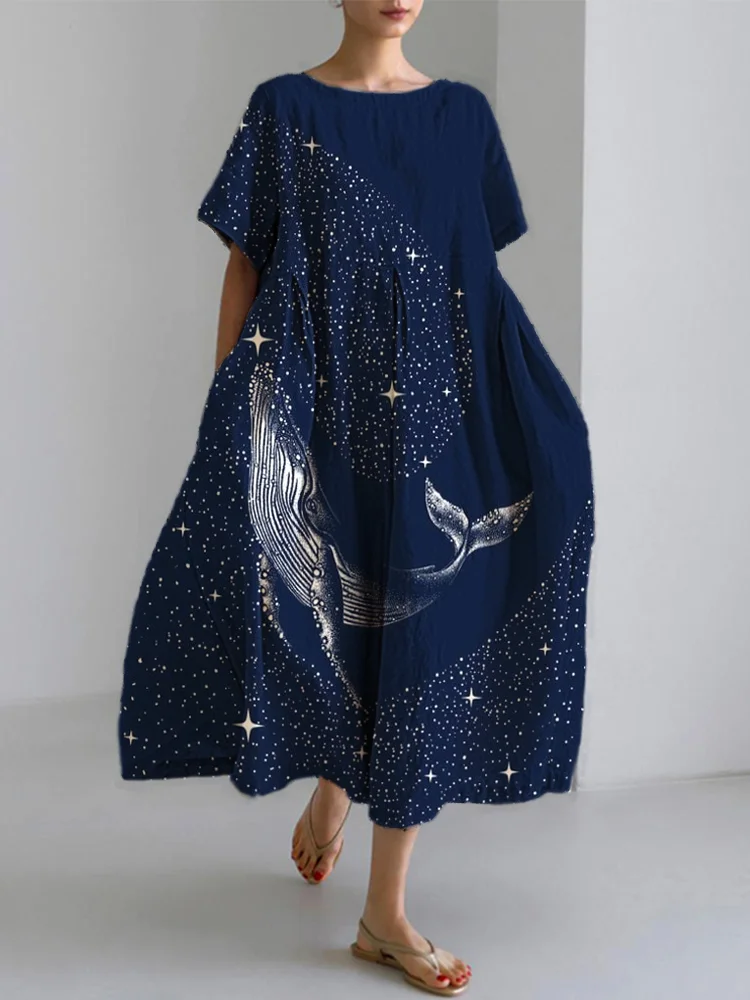Comstylish Blue Whale Print Linen Blend Casual Dress