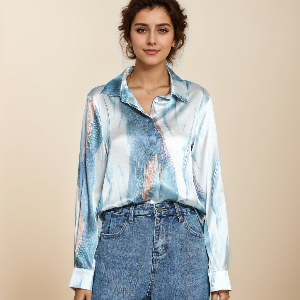 Blue Halo Dyed Satin Silk Shirt For Women REAL SILK LIFE