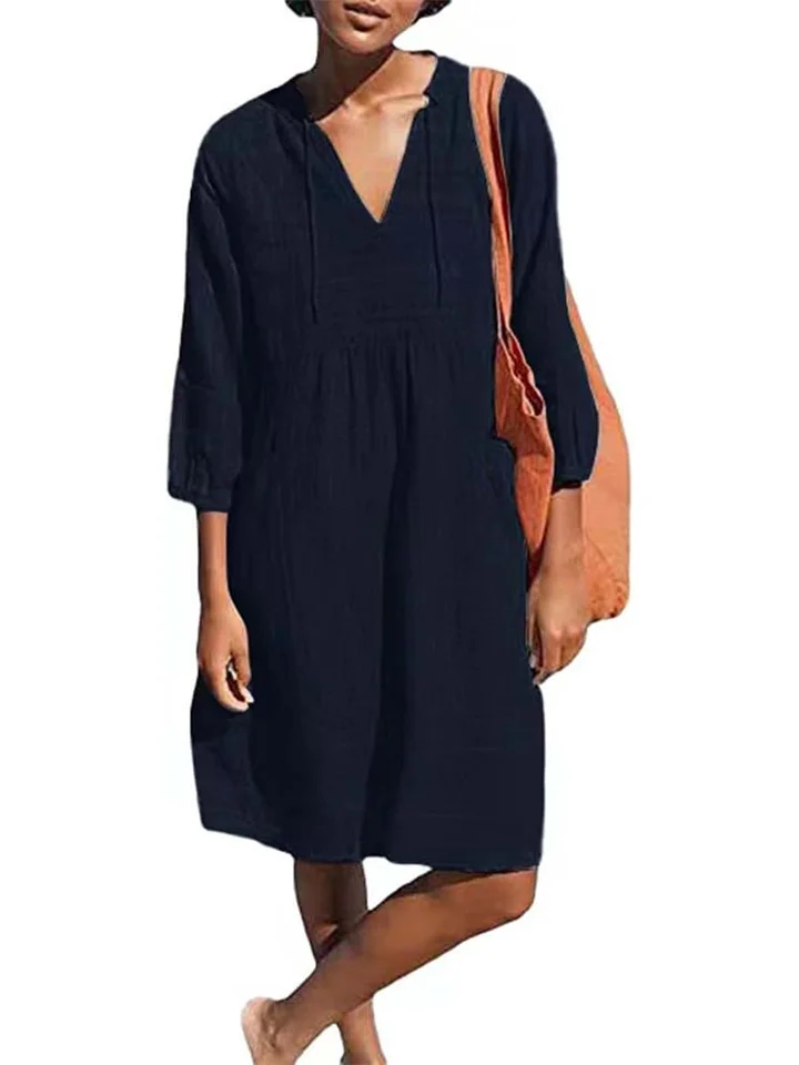 Women's New Temperament Commuter Cotton Linen Seven-quarter Sleeve Jacquard V-neck Loose Dresses-JRSEE