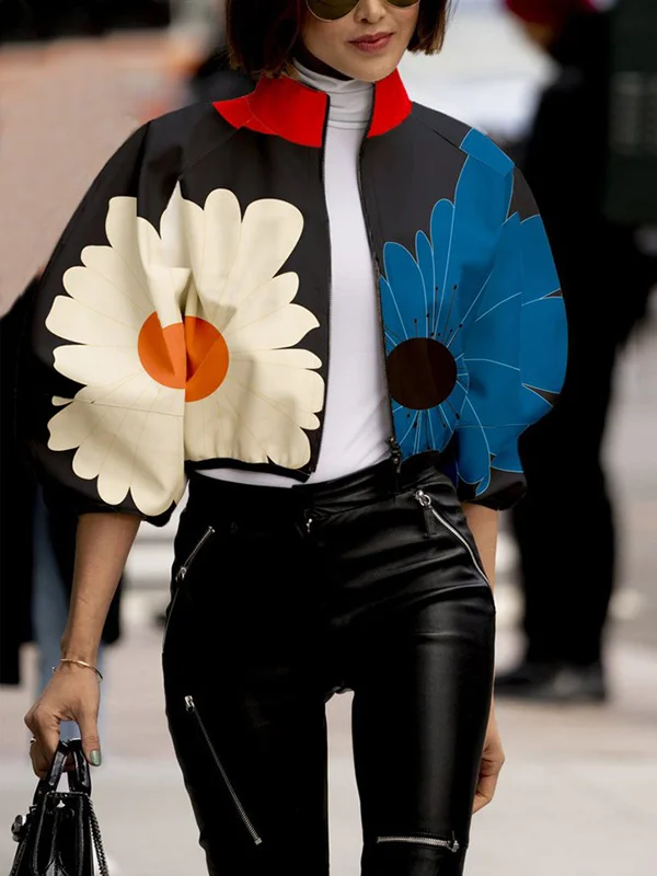 Contrast Color Flower Print Zipper Stand Collar Jackets Outerwear