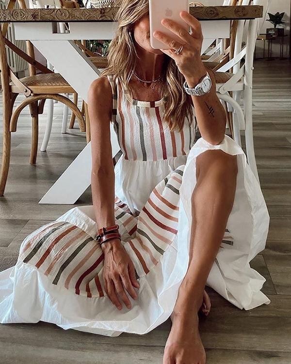 Casual Round-Neck Sleeveless Striped Maxi Dress - Chicaggo