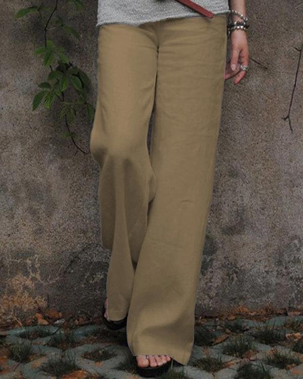 Solid Linen Cotton Wide Leg Mid Waist Pants - Chicaggo