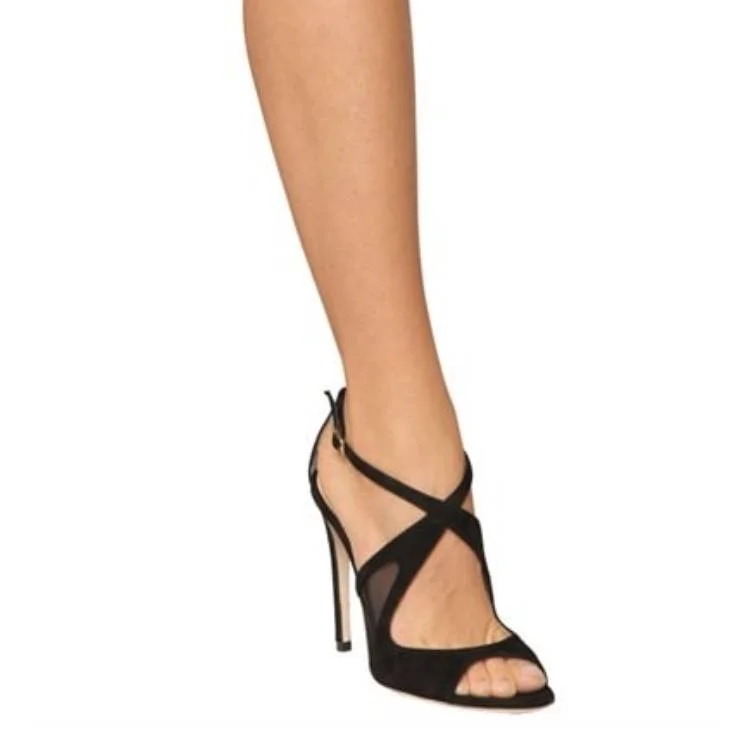 Black Cross-Over Black Strap Dress Sandals Vdcoo