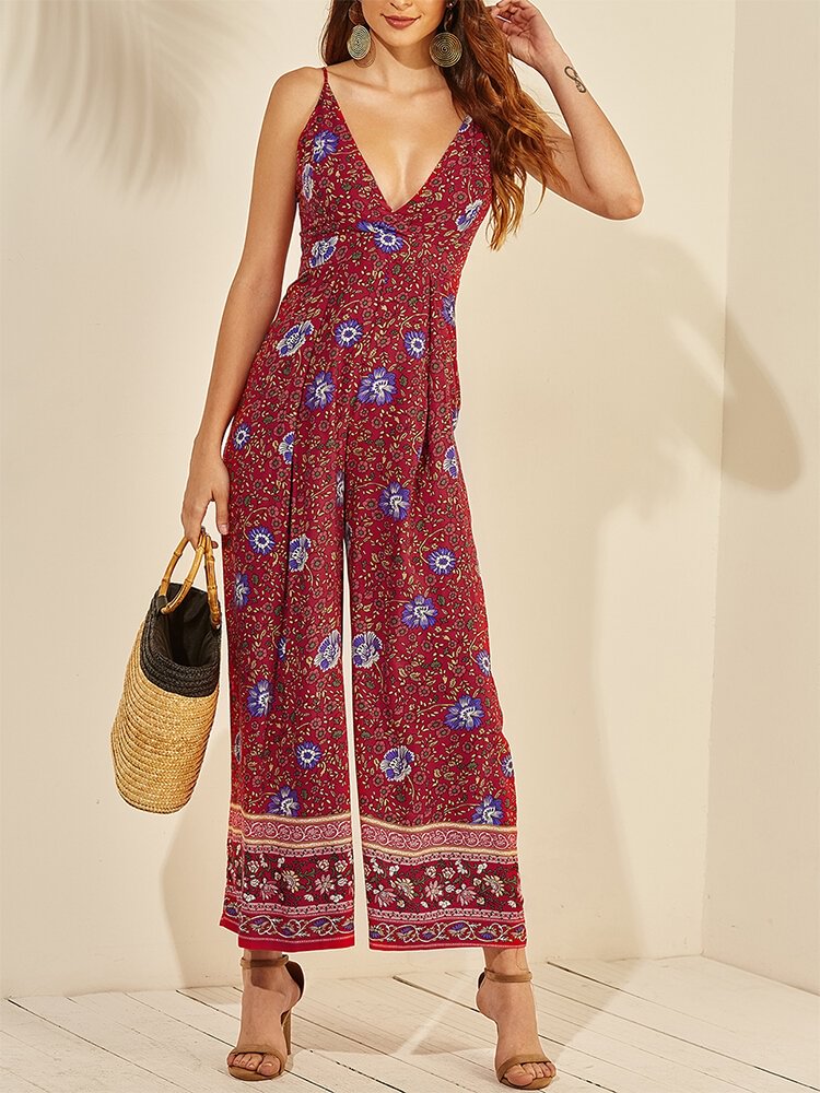 Ethnic Floral Print V-neck Long Sleeveless Casual Strap Jumpsuit - Shop Trendy Women's Clothing | LoverChic