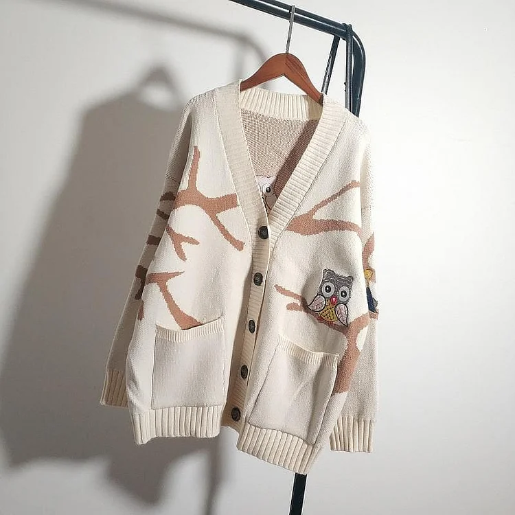 Beige/Blue/Brown Kawaii Owl Knitting Coat S12806