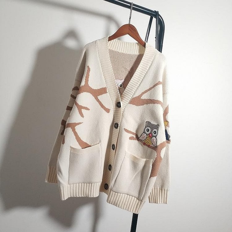Beige/Blue/Brown Kawaii Owl Knitting Coat S12806