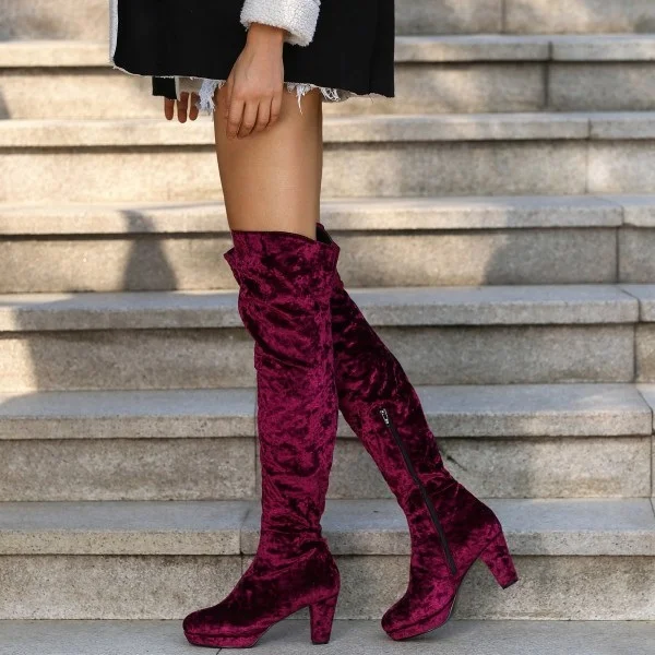 Maroon Velvet Boots Platform Chunky Heel Over the Knee Boots |FSJ Shoes