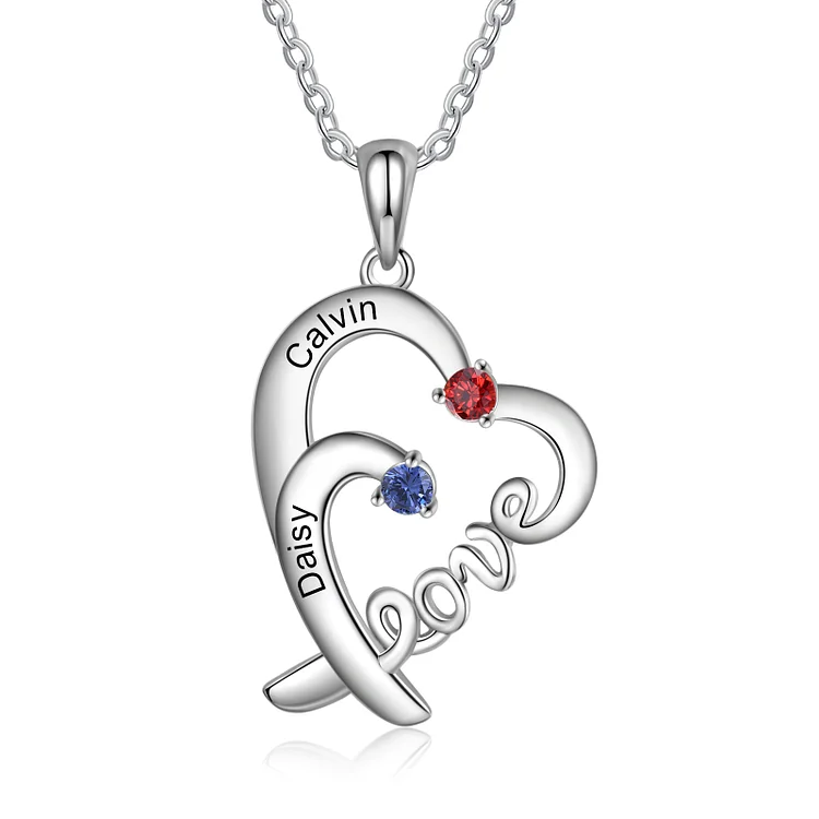 Collar "Love" de plata 925 corazón 2 nombres personalizados con 2 piedras de nacimiento