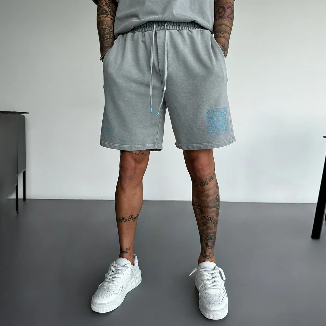 Loose Fit Printed Washed Shorts-barclient