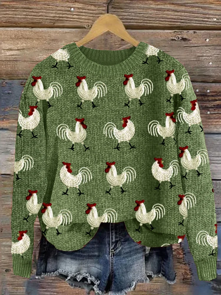 Roosters Embroidery Pattern Cozy Knit Sweater