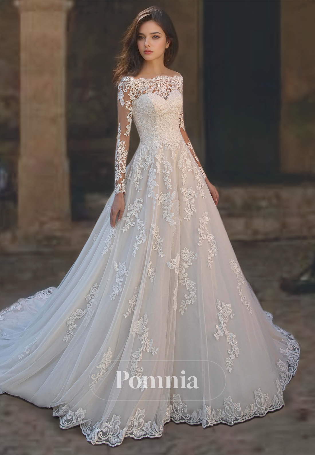A-Line Bateau Lace Long Sleeves Floral Appliqued Court Train Romantic Wedding  Dress