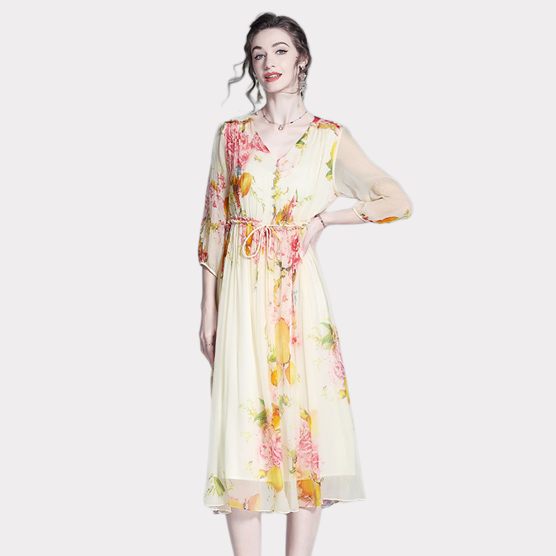 Women's Apricot Floral Silk Dress REAL SILK LIFE