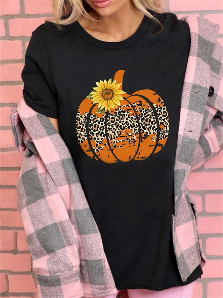 Vefave Black Leopard Pumpkin Sunflower Graphic T Shirt