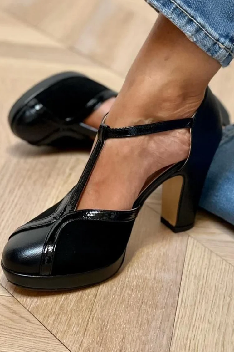 Colorblock T-Strap Buckle Closed Toe Black Chunky Heels