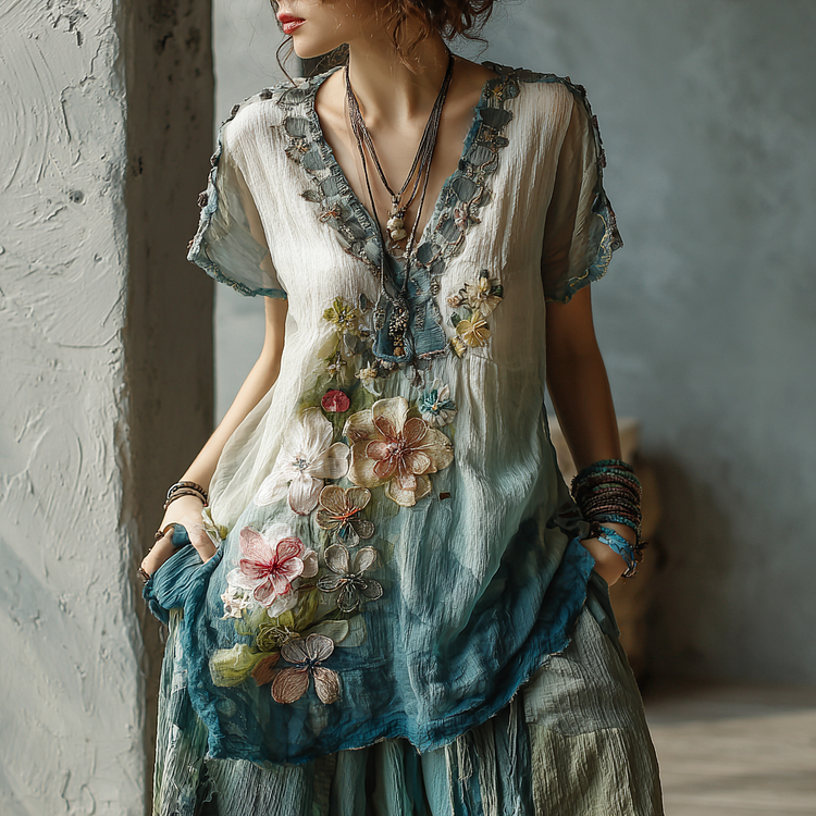 Women's Vintage Colored Cherry Blossom Linen Short Sleeve T-shirt