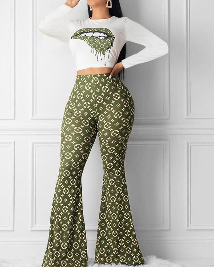 Lip & Scarf Print Flare Leg Top & Pants Set - Shop Trendy Women's Clothing | LoverChic