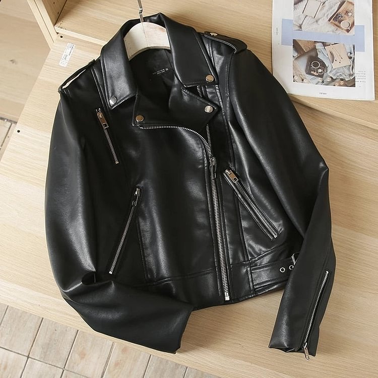 New Autumn Winter Women Black Faux Leather Jacket Fashion Solid Zipper Biker Coat Female - BlackFridayBuys