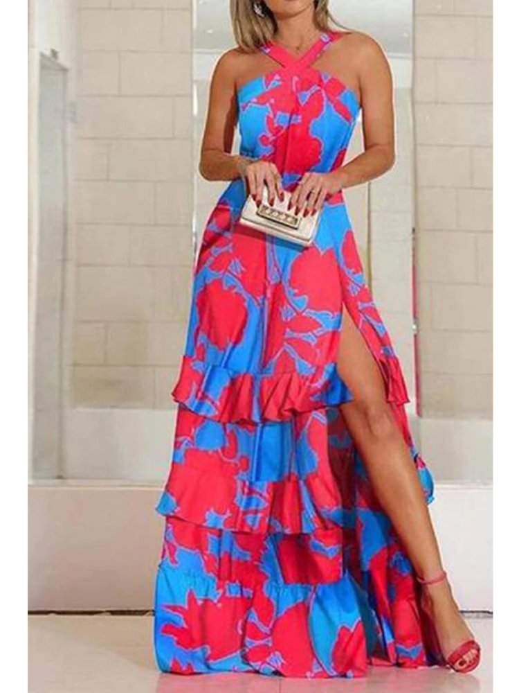 Bohemian Ruffled Slit Contrast Print Maxi Dress P10300
