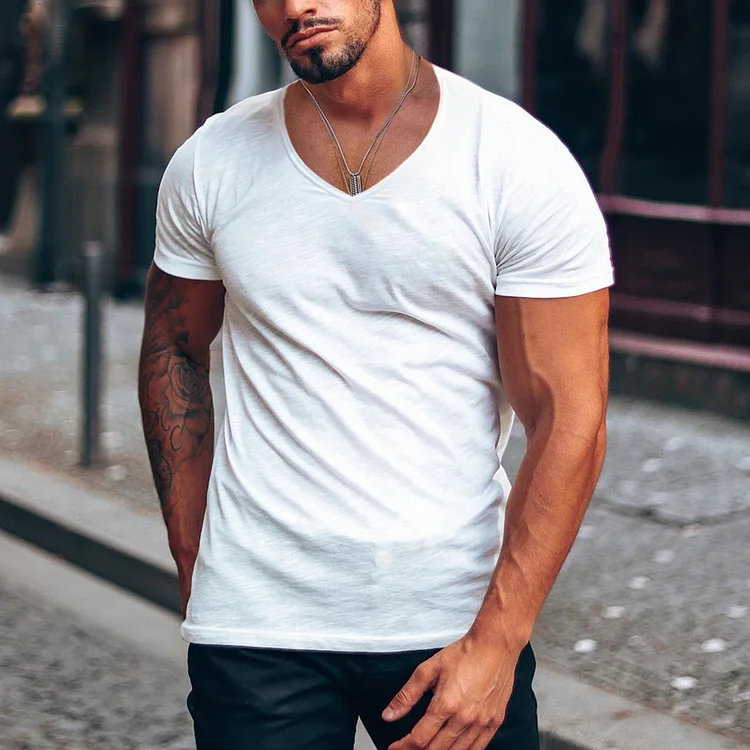 Men's Solid Color V-neck Casual Breathable T-Shirt