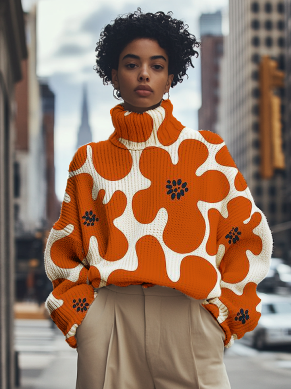 Women's Orange Flowers Print High Neck Knit Sweatshirt