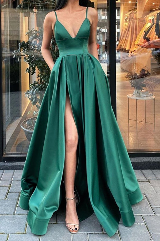 Bellasprom Dark Green Prom Dress Split With Pockets Spaghetti-Straps Bellasprom